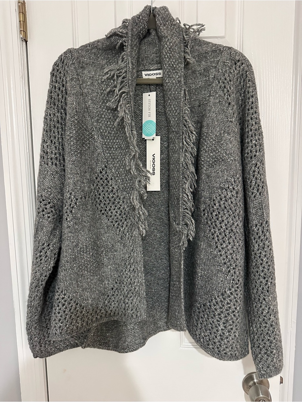 VIGOSS Gray Fringe Open-Front Knit Cardigan